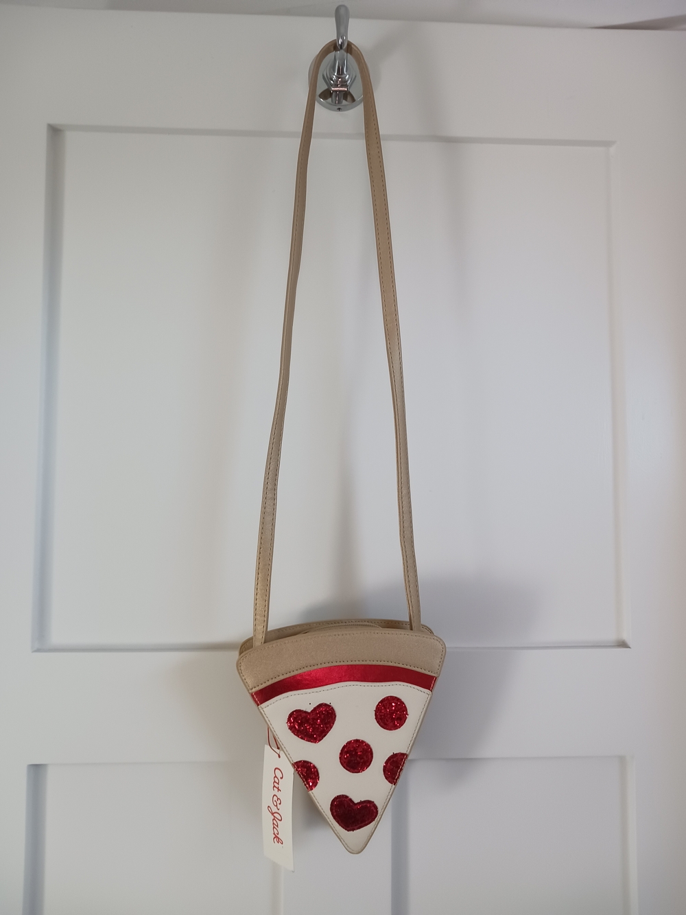 Slice-Shaped Crossbody Bag with Red Glitter Hearts